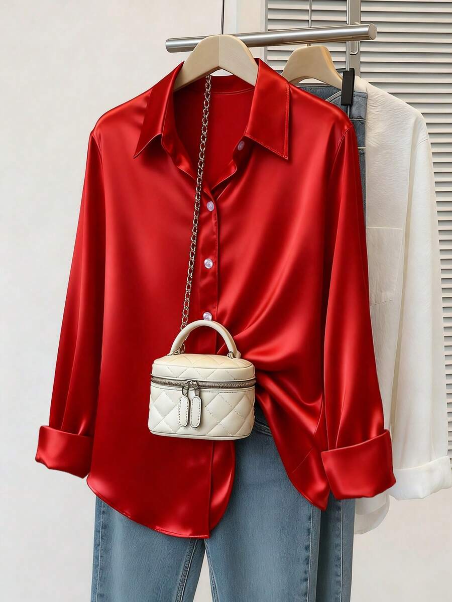 Áo sơ mi satin cài cúc thời trang dành cho nữ, hàng mới về, phong cách thường ngày, phù hợp mọi mùa xuân.