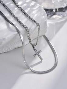 Nooxian Set de 2 collares con cadena de acero inoxidable y cadena básica con colgante de cruz con rhinestones para mujeres - Amarillo Oro - Ver 2