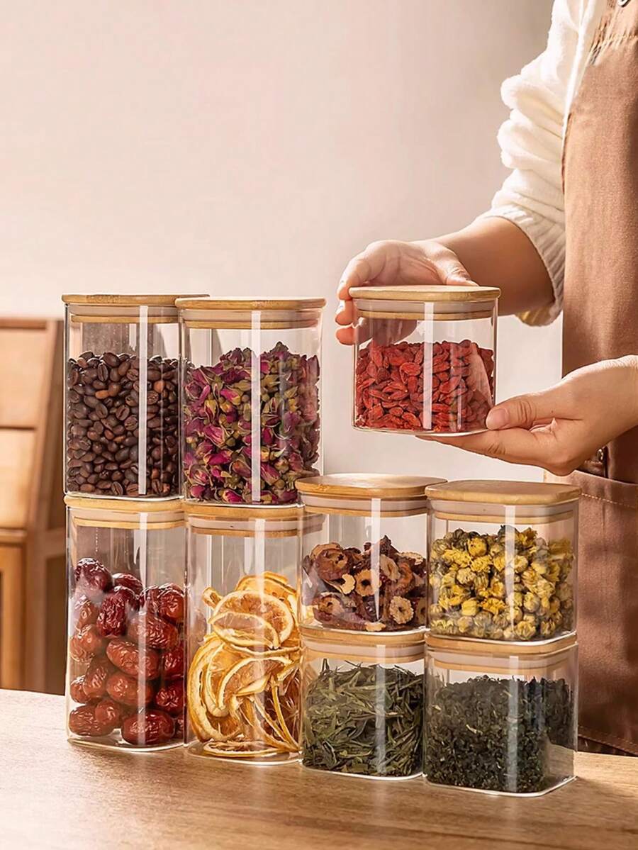 1个方形咖啡豆储存瓶创意密封玻璃瓶竹盖储粮罐食品谷物容器罐 - 無色 - 查看 1