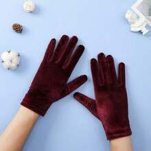 1 Pair Women's Gloves, High Density Stretchy Five-Finger Adult Female Gloves, Velvet For Etiquette, Dance, Wedding, Riding, Driving In Winter - Burgundy - View 4