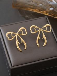 1 Pair Delicate Heart-Shaped Bow Stud Earrings For Women, Romantic Valentine's Day Gift (No Gift Box) - Yellow Gold - View 2