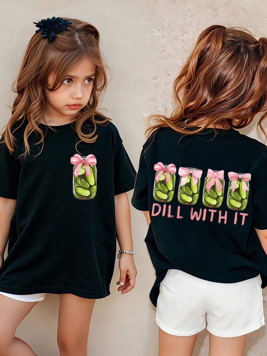 Kids Pickle Jar Bow Print Short-Sleeve Tee. 180g Soft, Breathable Fabric. Round Neck, All Seasons, Unisex For School, Casual Sports, Parties & Travel. - 黑色 - 查看 1