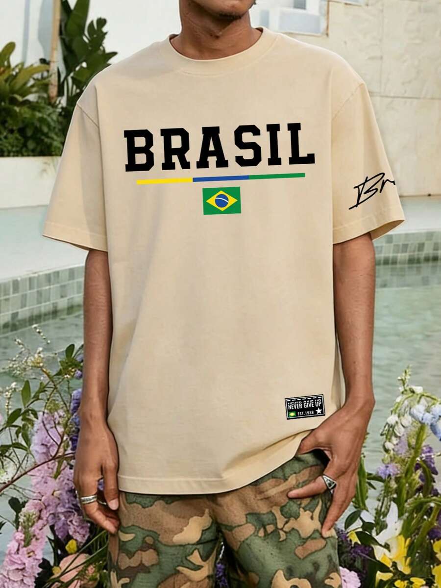 Men's Loose Brazil English Print Round Neck Short Sleeve T-Shirt | Exquisite Design | Summer Essential | Easy To Match - Apricot - View 1