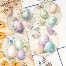 4/6 piezas (con/sin soporte) Juego de posavasos de madera con diseños de elementos de Pascua, mariposa y floral, adecuado para patio, cocina, sala de estar, decoración de mesa para reuniones en el hogar, mejor regalo de Pascua, Día de San Valentín de primavera para amigos y familiares