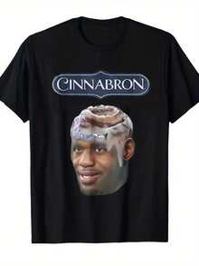 LocalA 180G Casual T-Shirt For Men In Black Featuring The Word "CINNABRON" Along With A Playful Design That Merges A Character'S Head With A Cinnamon Roll. Ideal For Everyday Use, Gatherings, Leisure - 黑色 - 查看 1