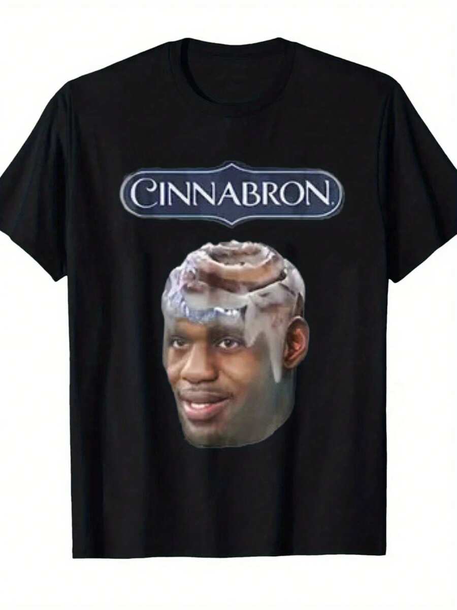 LocalA 180G Casual T-Shirt For Men In Black Featuring The Word "CINNABRON" Along With A Playful Design That Merges A Character'S Head With A Cinnamon Roll. Ideal For Everyday Use, Gatherings, Leisure - 黑色 - 查看 1