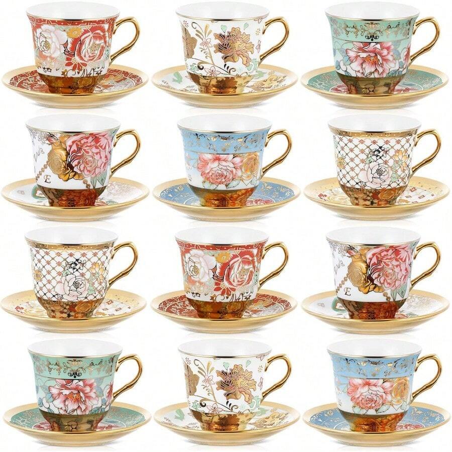 Set Of 12 Tea Cups And Saucers Tea Party Decorations Floral Porcelain 5.4 Oz British Gift For Women Birthday Party Church And Mother's Day Stylish Style - Phong cách thời trang - Xem 1