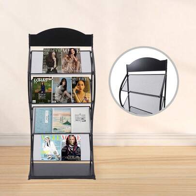 4-Tier Magazine Stand, Brochure & Newspaper Display Stand Iron Stand Floor Standing Industrial Style Newspaper Holder Advertising Brochure Display Holder Advertising Poster Tiered Rack