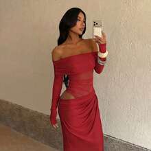WOWDARK Summer Dress, Fashionable Elegant Off-Shoulder Mesh Hollow Out Slim Fit Dress, Suitable ForDates, Gatherings, Parties, Travel, Vacation, Beach - 紅色 - 查看 6