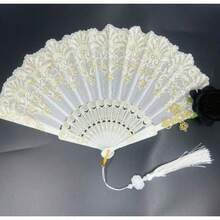 Vintage Spanish Flamenco Rose Lace Folding Fan - Elegant Black Handheld Fan, Perfect For Party And Wedding Decorations, Suitable As A Room Accent For Both Men And Women - Quạt hoa hồng trắng đen dập vàng có tua rua - Xem 2