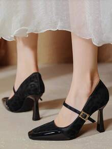 Zapatos Mary Jane con punta cuadrada y tachuelas, Tacones altos negros versátiles con hebilla, Tacones gruesos rojos de charol con efecto de patente y diseño sexy deslizante para mujer - Negro - Ver 8