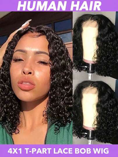 16英寸短卷发真人发假发，4x1 T型蕾丝前额波波头假发，水波纹真人发假发，适合，短款波波头假发，预先拔毛，自然发际线，180%/250%密度假发，透明蕾丝真人发假发，波浪波波头假发（8/10/12/14/16英寸），自然黑