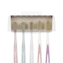 5 Slots Wall Mount Toothbrush Holder With Cover Self Adhesive Toothbrush Storage Organizer For Shower Toothbrush Hanger With Automatic Toothpaste Squeezer Dispenser - 白色+灰色 1包 - 查看 4