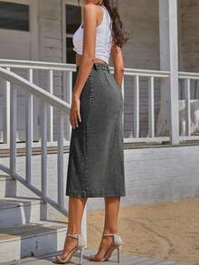 女士不对称/前开襟牛仔半身裙，休闲优雅，适合休闲、约会、度假、居家、日常、旅行、机场等场合。 - 淺灰色 - 查看 2