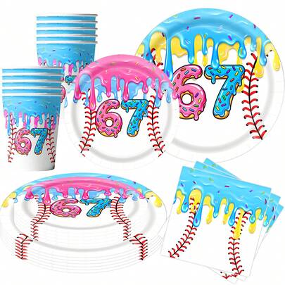 צלחות נייר בנושא גלידת בייסבול 67 - 30/40/50, כוסות נייר, מפיות, סטים של כלי שולחן, קישוטי יום הולדת חד פעמיים בנושא גלידת בייסבול 67