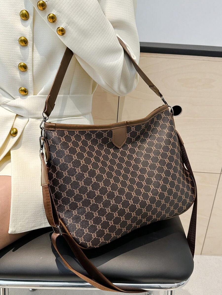 复古时尚别致小众设计秋冬新款单肩斜挎花卉大容量通勤手提包 - 棕色 - 查看 1