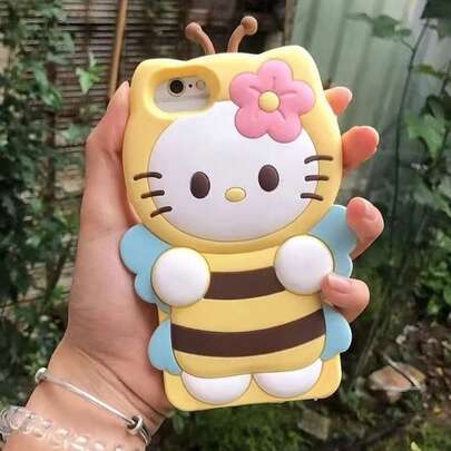 SANRIO 1 chiếc ốp lưng điện thoại silicon 3D mềm mại, chống sốc, họa tiết hoa và bướm Hello Kitty màu vàng hoạt hình, phù hợp với 13/14/15/16/PROMAX, màu như hình.