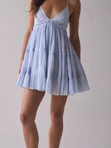 Women Summer Boho Floral Mini Cami Dress Spaghetti Strap Flowy Short Sling Dress Sleeveless Low Cut Holiday Sundress - 藍色 - 查看 3