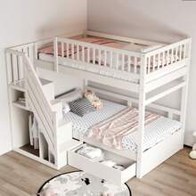 Etagenbett Aus Massivholz 90*200 Cm, Mit Hohem Sicherheitsgitter, Mit Lattenrost, Sicherheitsleiter Mit Stauraum, Mit Stauschubladen, Kinderbett Jugendbett, Weiß - White - View 1