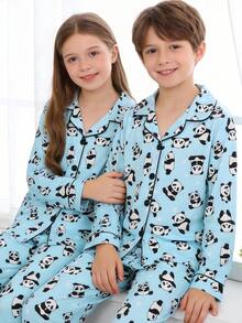 2pcs Tween Girl Pajama Set, Cute Panda Pattern, Long Sleeve Cardigan Top And Pants, Knit Fabric, Suitable For Outerwear, All Season, Boys & Girls - Baby Blue - View 10