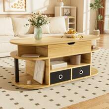 Table basse moderne avec finition imitation bois, mécanisme de levage, espace de rangement et tiroirs en tissu noir – polyvalente, élégante et pratique pour le salon et le bureau. - Noir - Voir 10