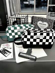 1个经典黑白棋盘格图案铅笔盒，大容量学生文具收纳袋 - 彩色 - 查看 1