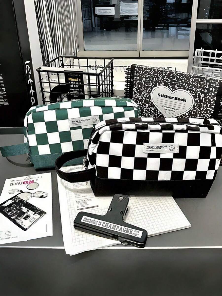 1个经典黑白棋盘格图案铅笔盒，大容量学生文具收纳袋 - 彩色 - 查看 1