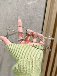 1副男女通用金属双梁商务休闲平光眼镜，韩日简约风格眼镜 - 無色 - 查看 16