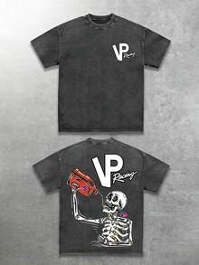 VP Racing Vintage Washed High-Quality Pure Cotton Double-Sided Printed T-Shirt, Men's T-Shirt, Summer Old Wear, Off-The-Shoulder Sleeves, Round-Neck Top, Short Sleeves - 黑色 - 查看 1