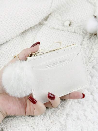 This White Mini Wallet Features A Pom-Pom Charm, Is Lightweight And Portable, Can Hold Credit Cards, Keys, Etc. Fashionable And Cute, Suitable As A Birthday Gift, Christmas Gift, Anniversary Gift, And Also Suitable For Women, Girls, Ladies, Business Professionals, Couples, Students, Dorm Supplies, And Back-To-School Items.