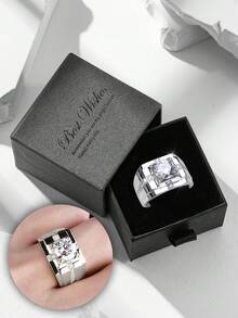 1枚奢华立方氧化锆宽边戒指，高端派对饰品，铜材质，不褪色且低过敏性，适合作为节日礼物 - 銀色 - 查看 12