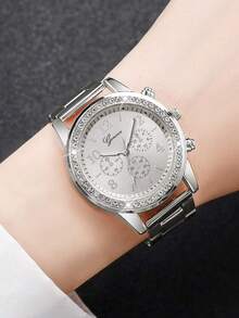 6 件套优雅奢华女士石英表套装，包括女士银色配饰（镶满宝石的金属表带石英表、镶满宝石的手链、水钻长链项链、戒指和耳钉）。 - 銀色 - 查看 3