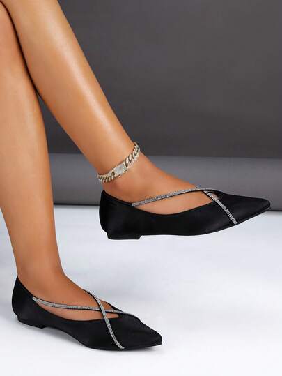 Women's Pointed Toe Rhinestone Embellished Criss-Cross Design Flat Shoes