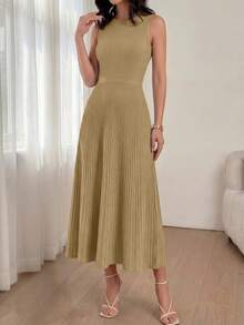 Women Summer Sleeveless Midi Dress Crewneck Ribbed Knit Pleated Swing A-Line Flowy Dress Solid Color Casual Spring Holiday Vacation Valentine Long Midi Dress Outfits - 駝色 - 查看 4