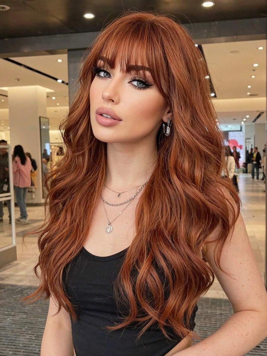 20 Inch Deep Brown Long Wavy Layered Synthetic Wig With Bangs, Suitable For Women's Daily, Party, Cosplay Styling - Dirty Orange - View 1