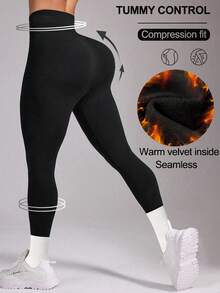 1 Pc Ladies Black Warm Leggings, High Waist And Abdomen, Elastic And Slim - Black - View 2