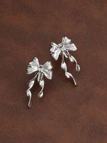 1 Pair Elegant Ribbon Bow Decor Earrings, Versatile Casual Chic Aesthetic Vibe - Silver - View 3