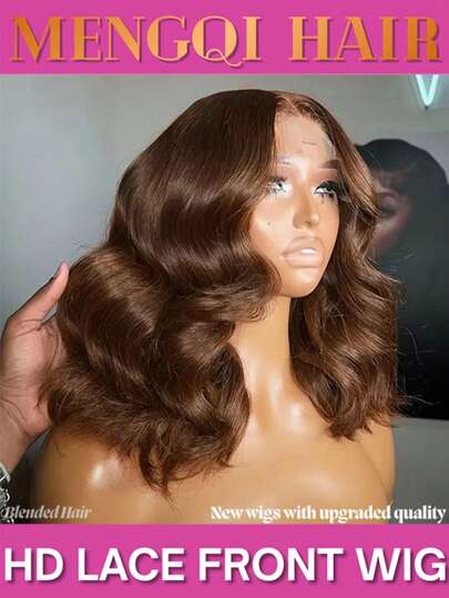 28英寸棕色无胶假发，180%密度，即戴即用，真人混纺发丝，预先拔毛、预先剪裁，适合初学者，13x4、13x6、5x5自然发际线，高清蕾丝闭合，无需胶水，真人混纺，波浪卷蕾丝前假发，无需胶水，预先剪裁，3秒即可佩戴。