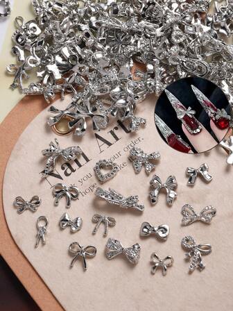 100片迷你金银丝带美甲装饰，金属蝴蝶美甲饰品，奢华美甲贴纸，DIY美甲装饰，女士/女孩金属美甲配件，美甲用品，美甲宝石