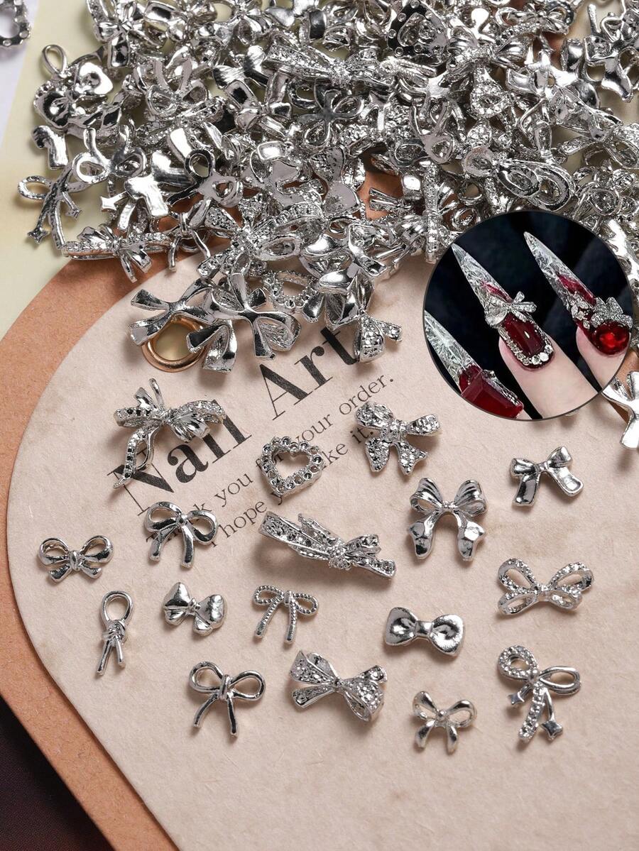 100片迷你金银丝带美甲装饰，金属蝴蝶美甲饰品，奢华美甲贴纸，DIY美甲装饰，女士/女孩金属美甲配件，美甲用品，美甲宝石 - 彩色 - 查看 1