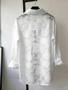 Women's Casual Sheer Chiffon Jacquard Turndown Collar Long Sleeve Loose Lightweight Sun Protection Cover Up