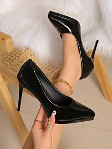12cm/13cm/10cm Super High Heel Pointed Toe Chunky Heel Sexy Patent Leather Low Vamp Pumps, White/Nude - Black - View 1