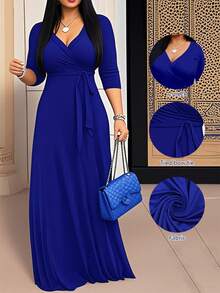 女士多色拼接连衣裙，深V领和收腰设计，优雅大方，适合外出就餐、购物等各种场合。 - 寶藍色 - 查看 1