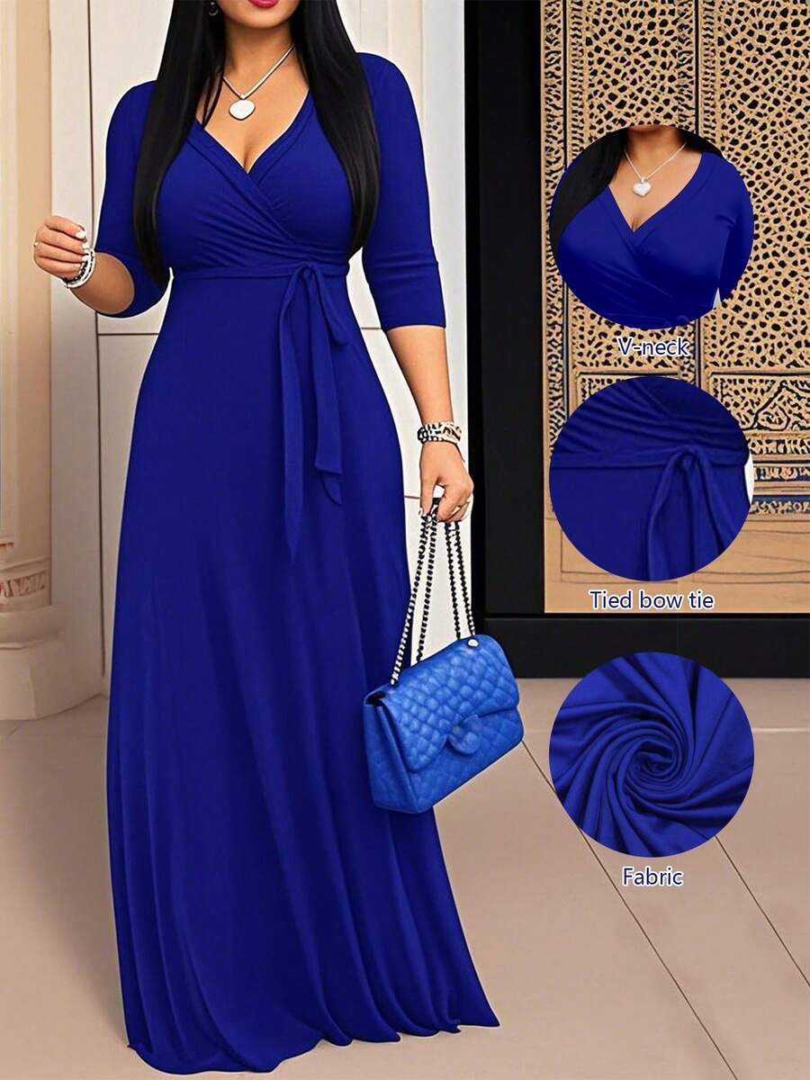 女士多色拼接连衣裙，深V领和收腰设计，优雅大方，适合外出就餐、购物等各种场合。 - 寶藍色 - 查看 1