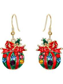 EstiloEVER FAITH Cristal Esmalte Lindo Navidad Bolso ÁRbol Lazo Gancho Colgante Aretes Para MujersVersióN Mejorada - Rojo Tono Dorado - Ver 1