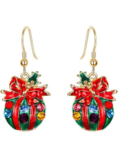 EstiloEVER FAITH Cristal Esmalte Lindo Navidad Bolso ÁRbol Lazo Gancho Colgante Aretes Para MujersVersióN Mejorada
