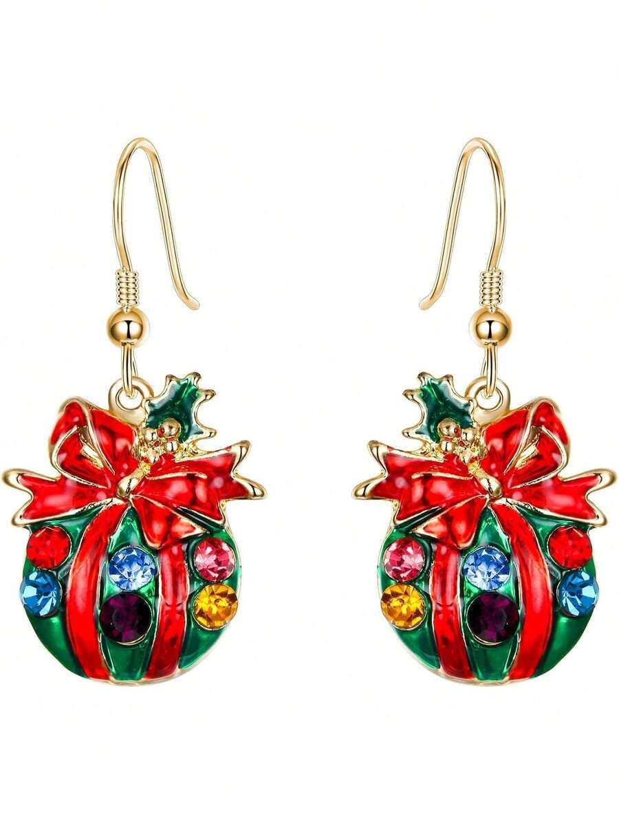 EstiloEVER FAITH Cristal Esmalte Lindo Navidad Bolso ÁRbol Lazo Gancho Colgante Aretes Para MujersVersióN Mejorada - Rojo Tono Dorado - Ver 1