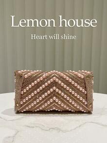 1个香槟色亮片水钻装饰小手拿包，优雅金属链条单肩信封包，适合晚宴、婚礼、宴会、正式场合，女士礼物 - 香檳色 - 查看 6