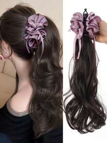18Inch Banana Clip Long Curly Wavy Ponytail Synthetic Clip In Hairtail Extension Fluffy Black Ponytail Wig With Pink Purple Flower Hair Accessories - Multicolor - View 3