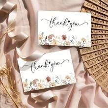 100pcs Elegant Floral Pattern & Cursive Font Thank You Cards - Uncoated Premium Paper, Suitable For Weddings, Birthdays, Business Events, Party Decor, Appreciation Cards, Wedding Stationery, High-Quality Finish - Multicolor - View 4